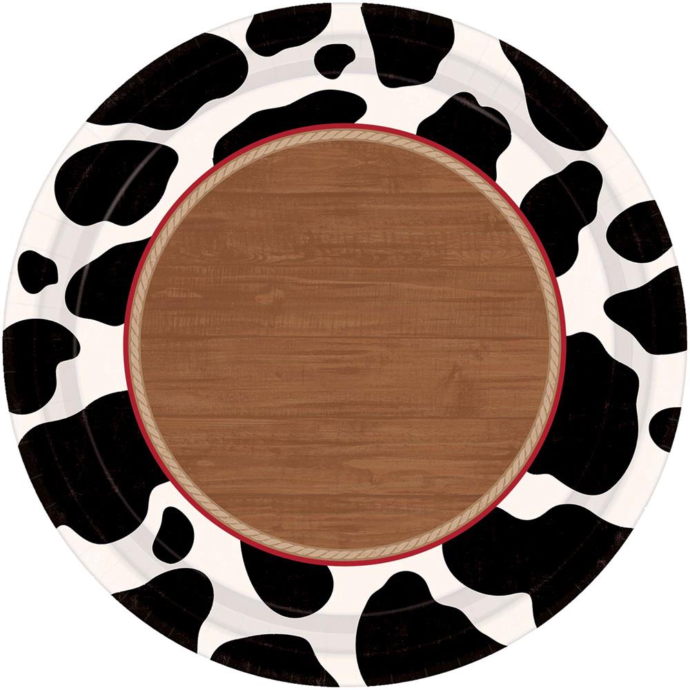 Round 10.25-inch paper plate with black and white cow print border and wood-texture center.