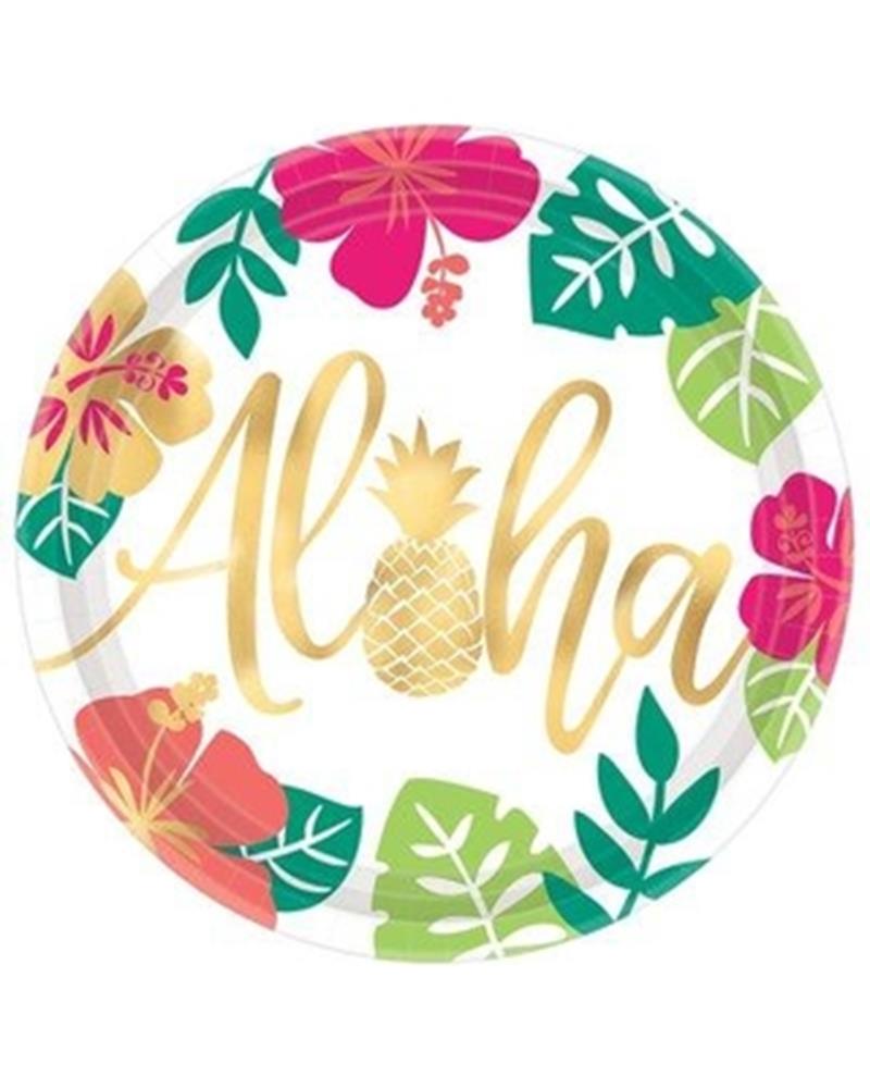 Round 10.5-inch paper plate with gold "Aloha" text, pineapple graphic, and colorful tropical flowers and leaves.
