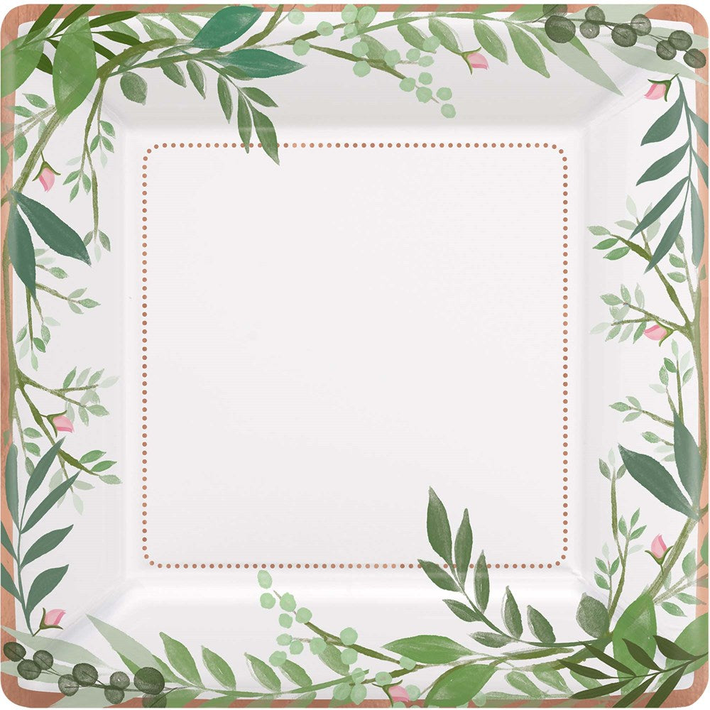 Square 10-inch metallic plate with green leafy border and gold dotted inner frame, white center.