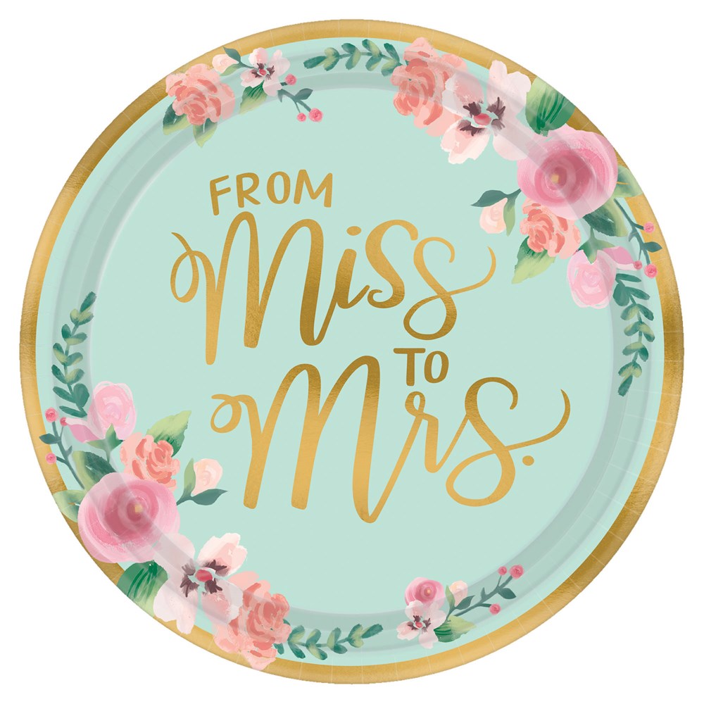 Round metallic mint green plate with gold rim and "From Miss to Mrs" in gold script surrounded by pink floral accents.