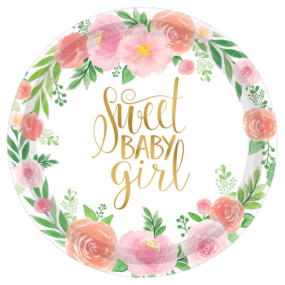 Round white paper plate with pink and peach floral border and gold "Sweet Baby Girl" text in the center.