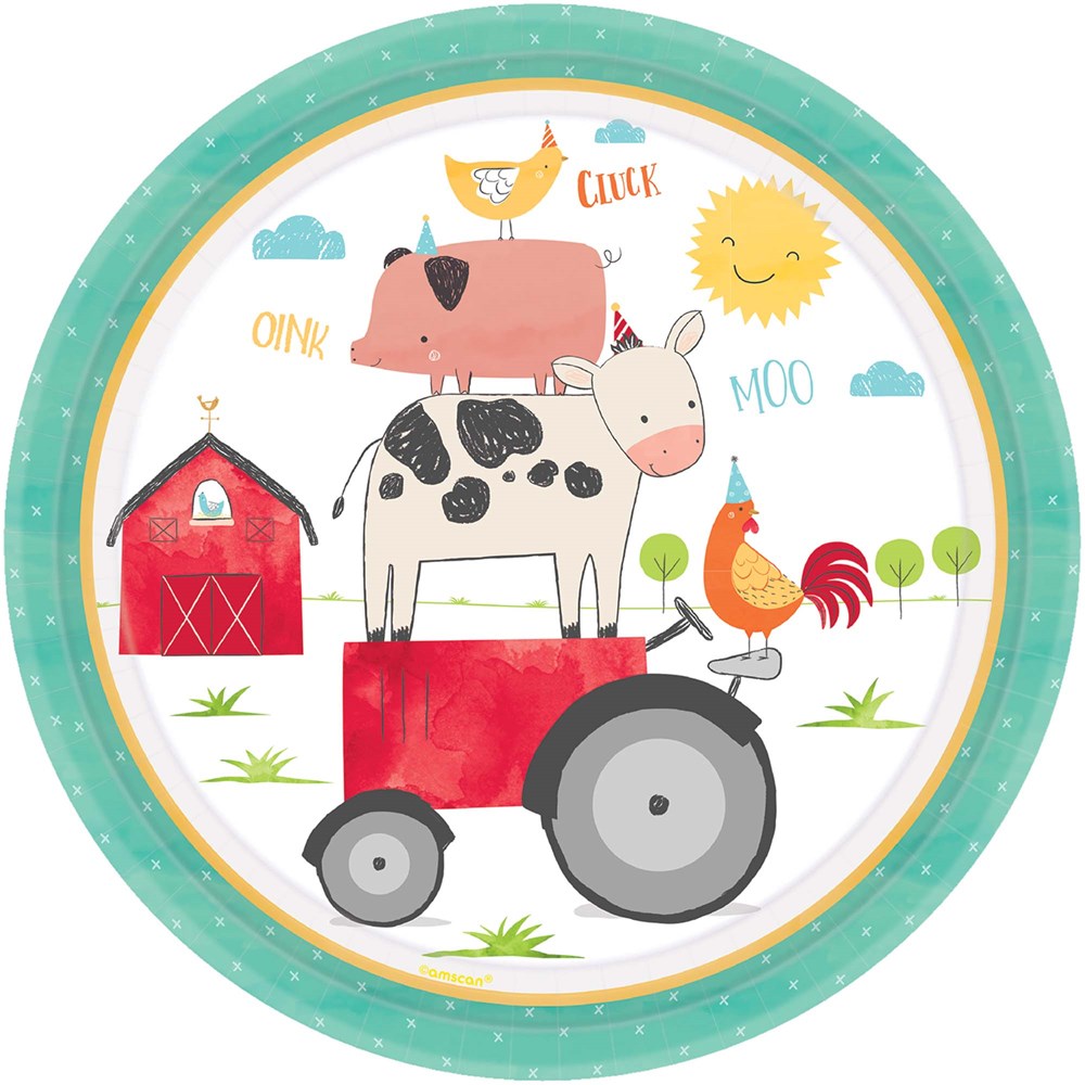 Round paper plate with teal polka-dot border featuring stacked farm animals on a red tractor and a red barn against a white.