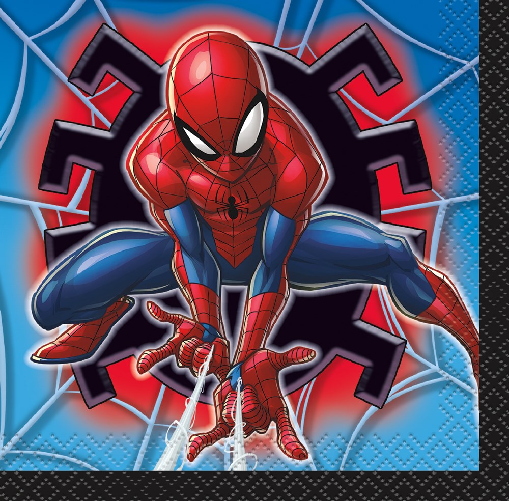 Square blue paper napkins featuring Spider-Man crouching in front of a red and black spider emblem on a web-patterned.