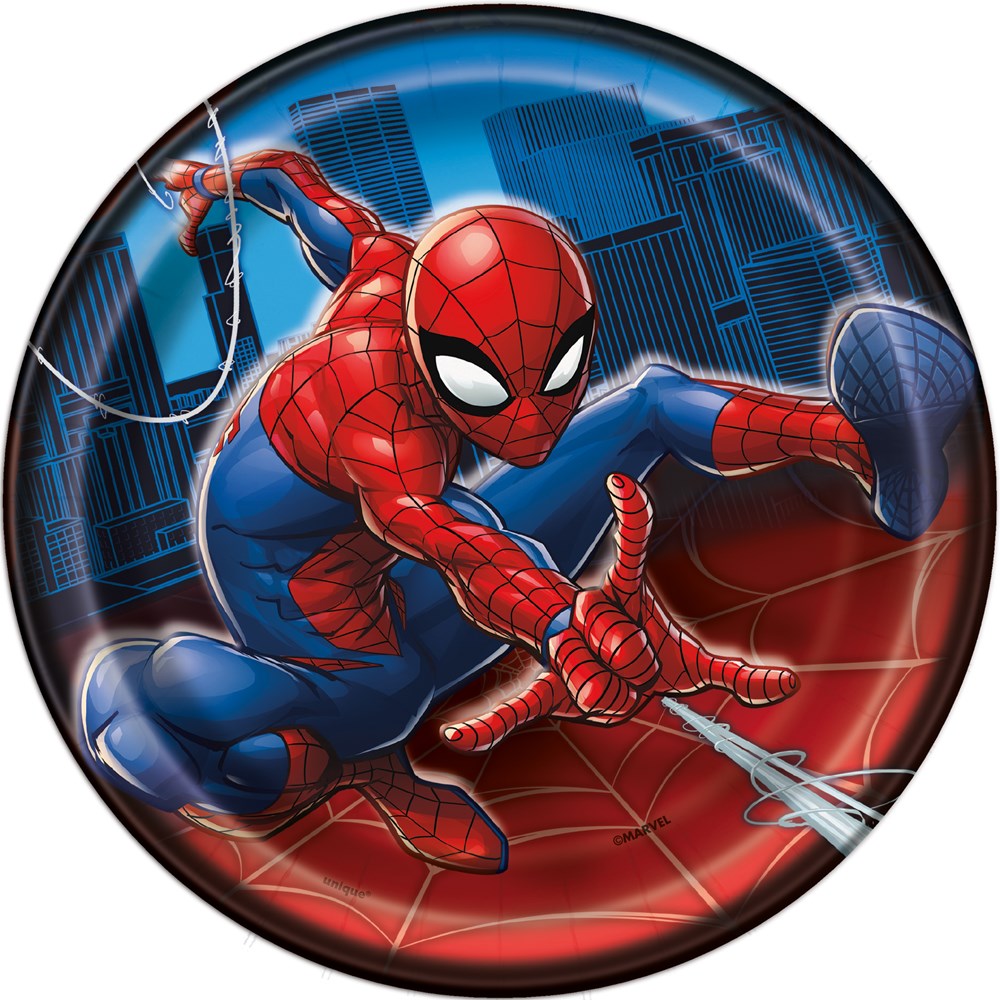 Round 7-inch plate featuring Spiderman in red and blue suit swinging on web with city skyline background.