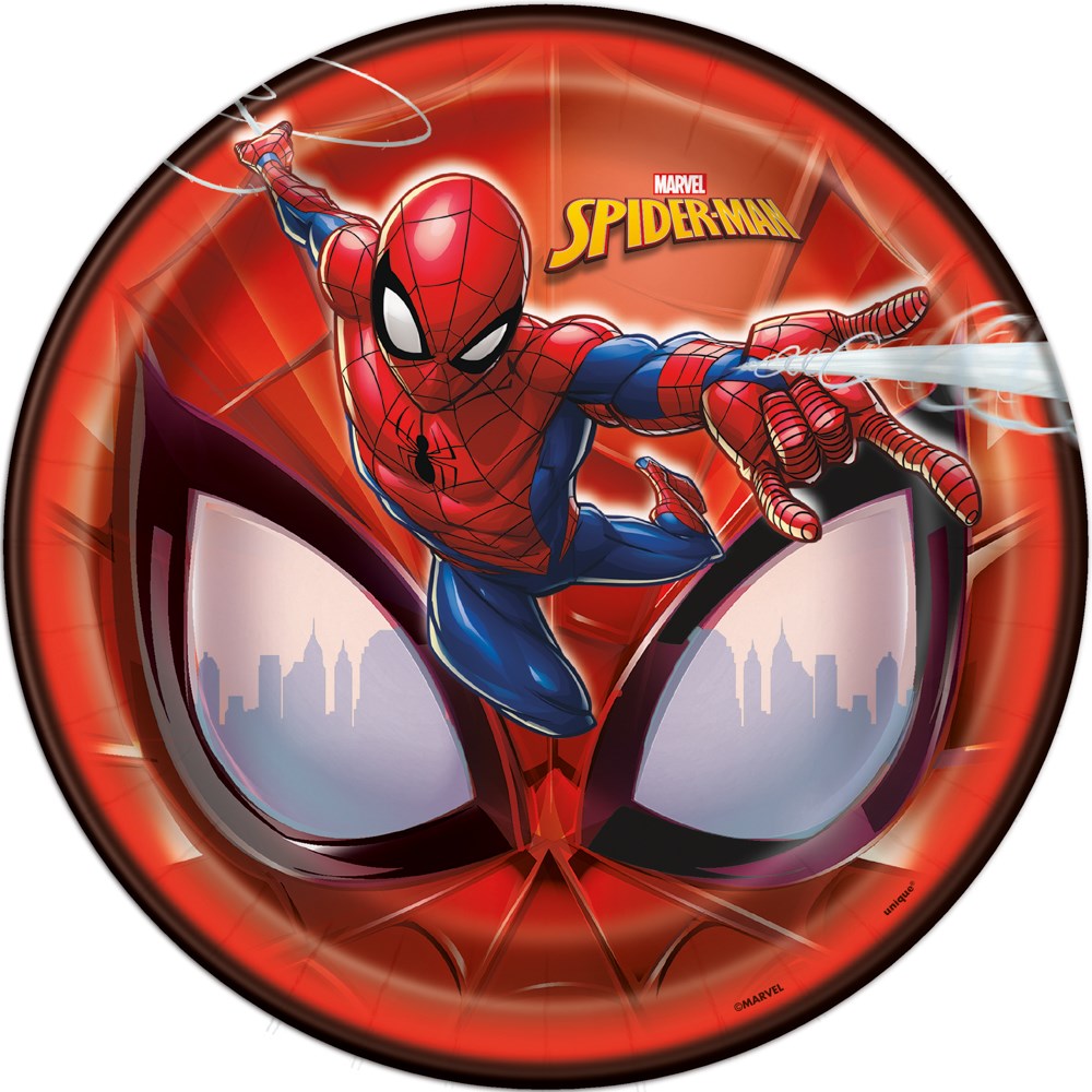 Round 9-inch disposable plate with red and black Spiderman mask design and action pose shooting web.
