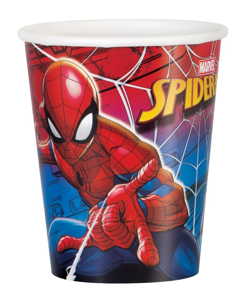 Red and blue paper party cup featuring Spiderman web-slinging pose, 9-ounce capacity.