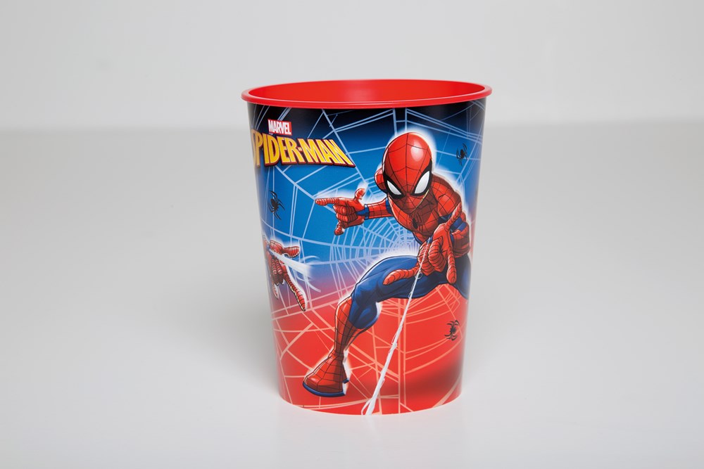 Red and blue 16 oz plastic cup featuring Spider-Man swinging on a web with cityscape background.