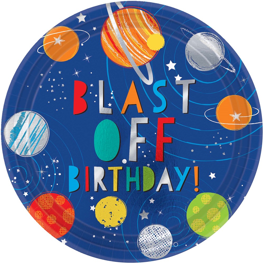 Round 10.5-inch metallic plate with colorful planets, stars, and "Blast Off Birthday!" text on a dark blue background.