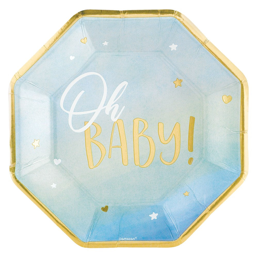 Light blue octagonal paper plates with gold foil trim and "Oh BABY!" in white and gold, decorated with small stars and.