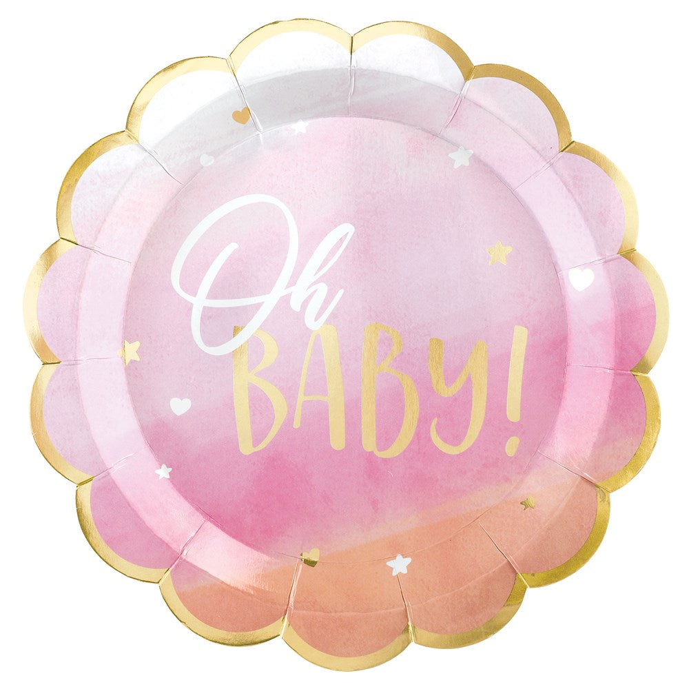 Pink round metallic plate with gold scalloped edges and “Oh BABY!” text in white and gold.