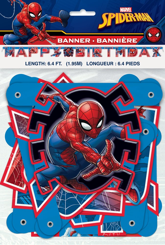Spiderman birthday banner with comic-style letters and Spiderman graphic, red and blue colors.