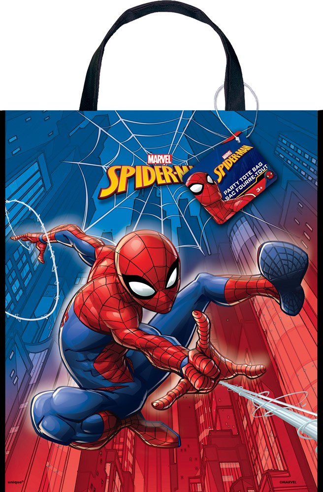 Blue Spiderman tote bag with red and black webbed design and Spiderman graphic swinging on red cityscape background.