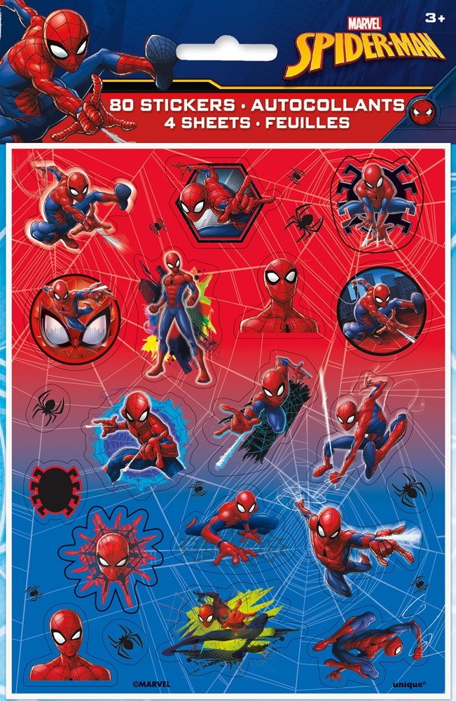 Four sheets of colorful Spiderman-themed stickers featuring various poses and logos on a red and blue background.