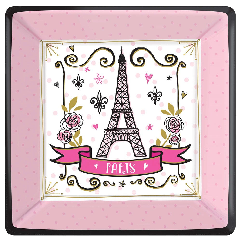 10-inch square pink paper plate with Eiffel Tower, roses, hearts, and "Paris" banner design.