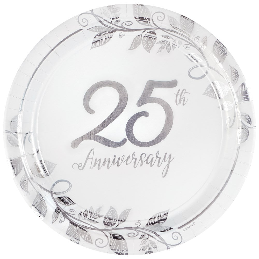 Round metallic silver plate with "25th Anniversary" text and decorative leaf accents, 10.75 inch.