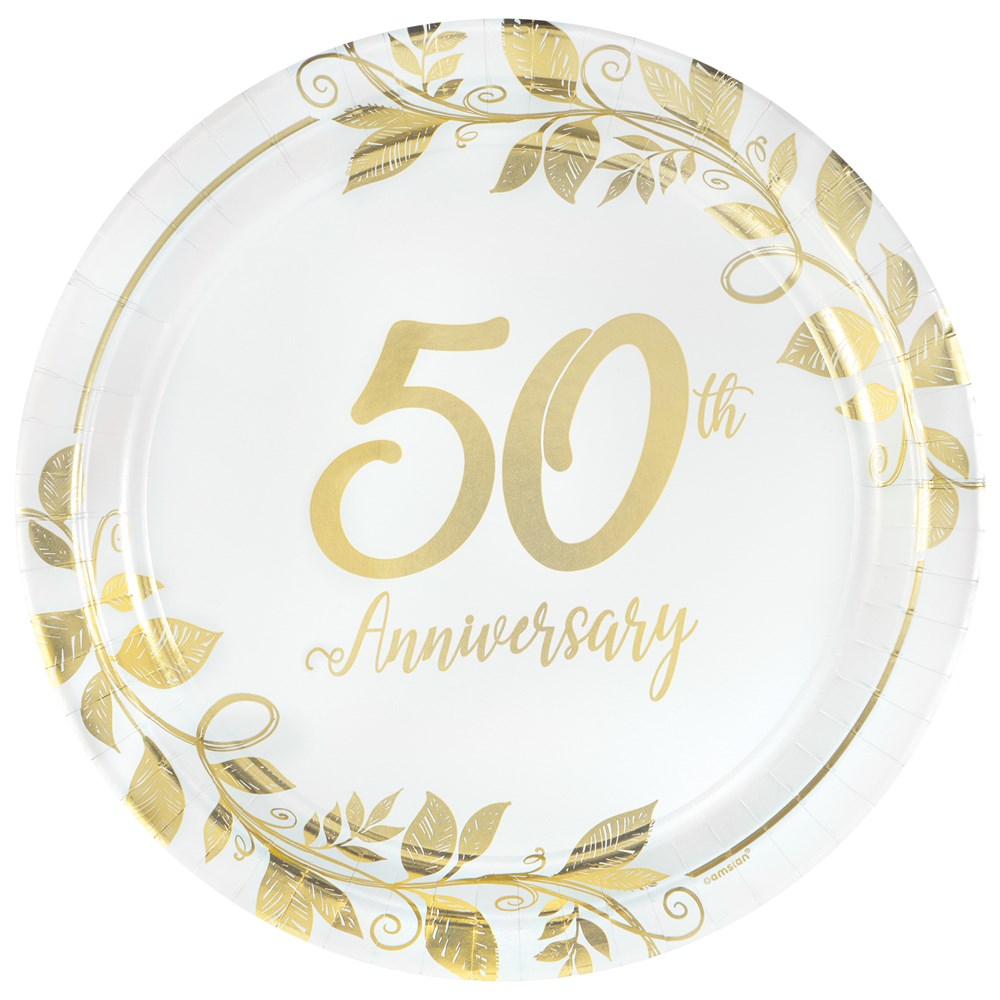 White round paper plate with gold "50th Anniversary" text and decorative leafy border, 10.75 inch.