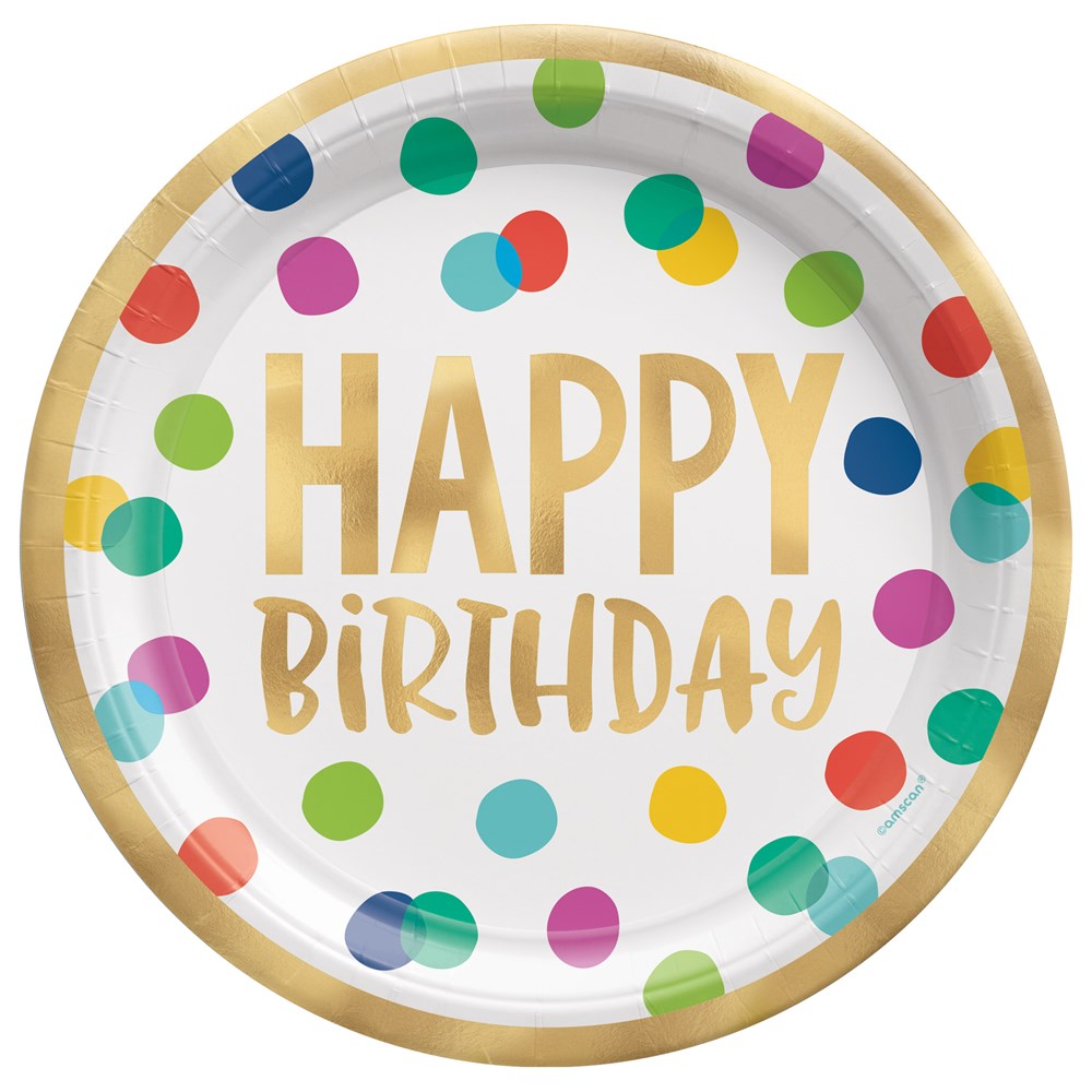 Round foil plate with multicolored polka dots and gold "Happy Birthday" text on white background, 10.5 inches.