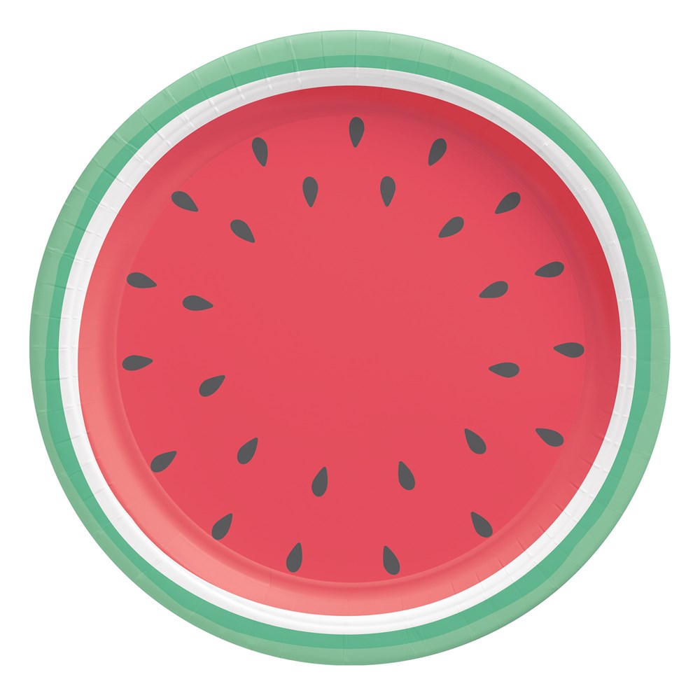 Round 10.5-inch paper plate designed like a watermelon slice with red center, black seeds, white rind, and green outer edge.