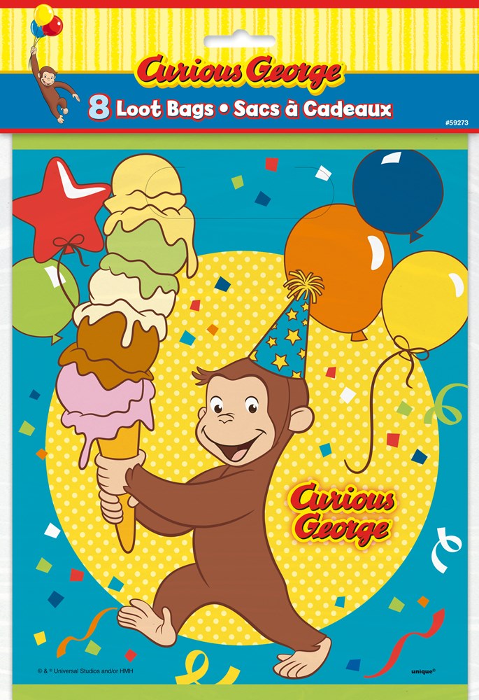 Colorful loot bag featuring Curious George holding a multi-scoop ice cream cone, surrounded by balloons and confetti.