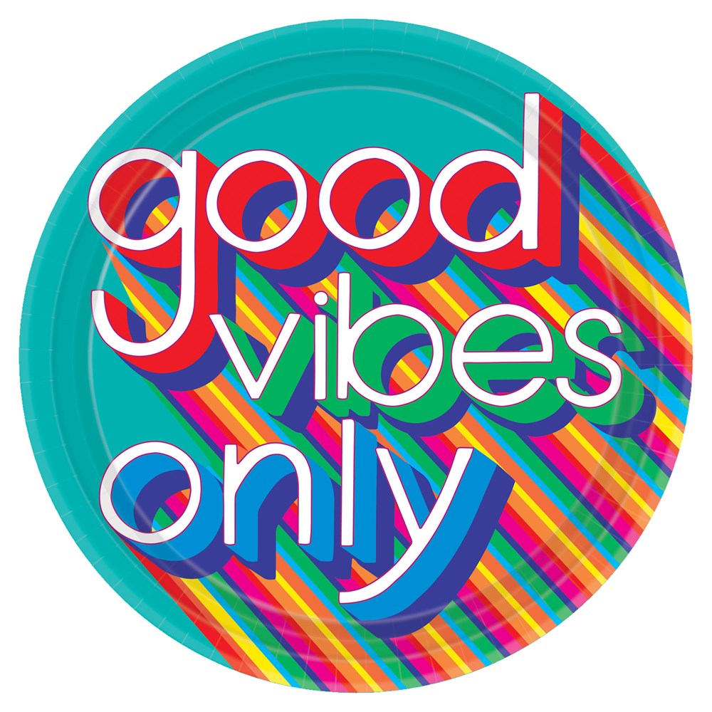 Round turquoise paper plate with colorful diagonal stripes and bold white and rainbow shadowed text reading "good vibes.