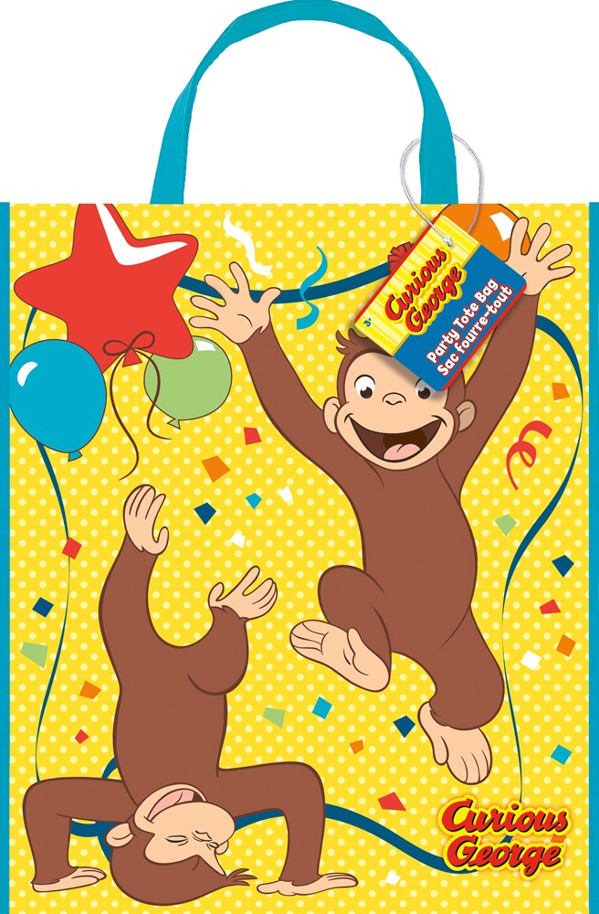 Yellow Curious George tote bag with blue handles, featuring playful George illustrations, balloons, and confetti designs.