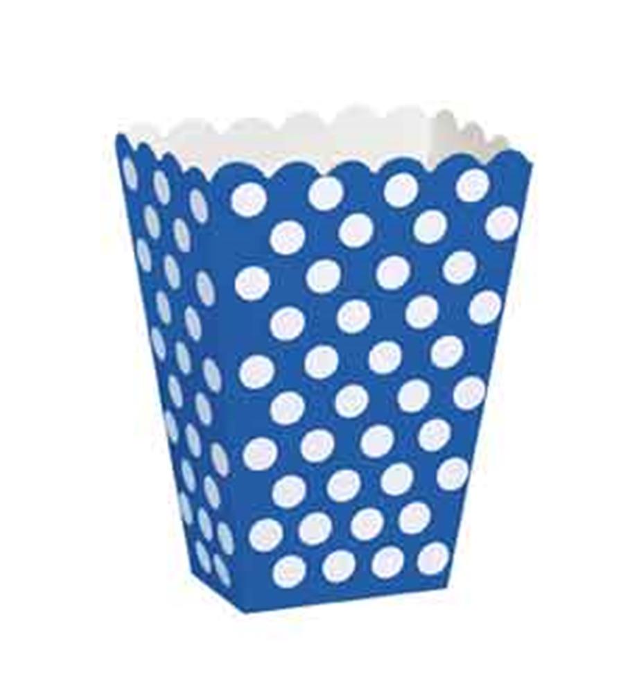 Royal blue treat box with white polka dots and scalloped top edge.