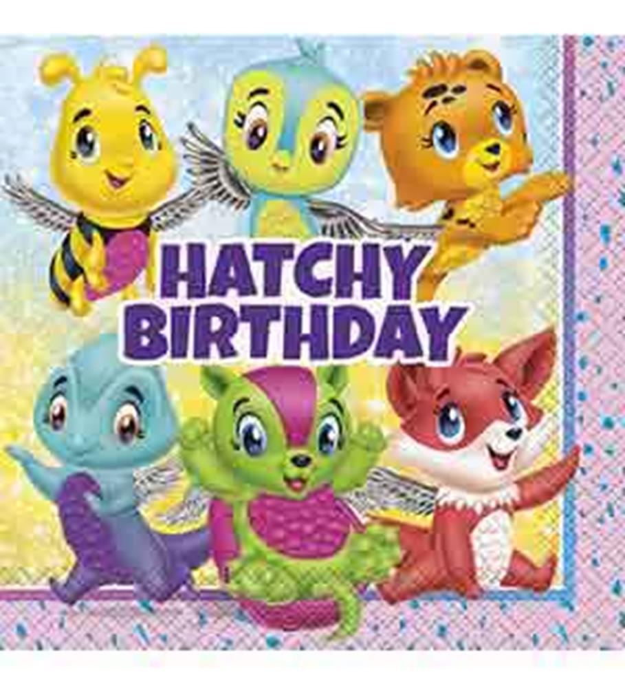 Colorful Hatchimals-themed small paper napkins with six cartoon animal characters and "Hatchy Birthday" text.