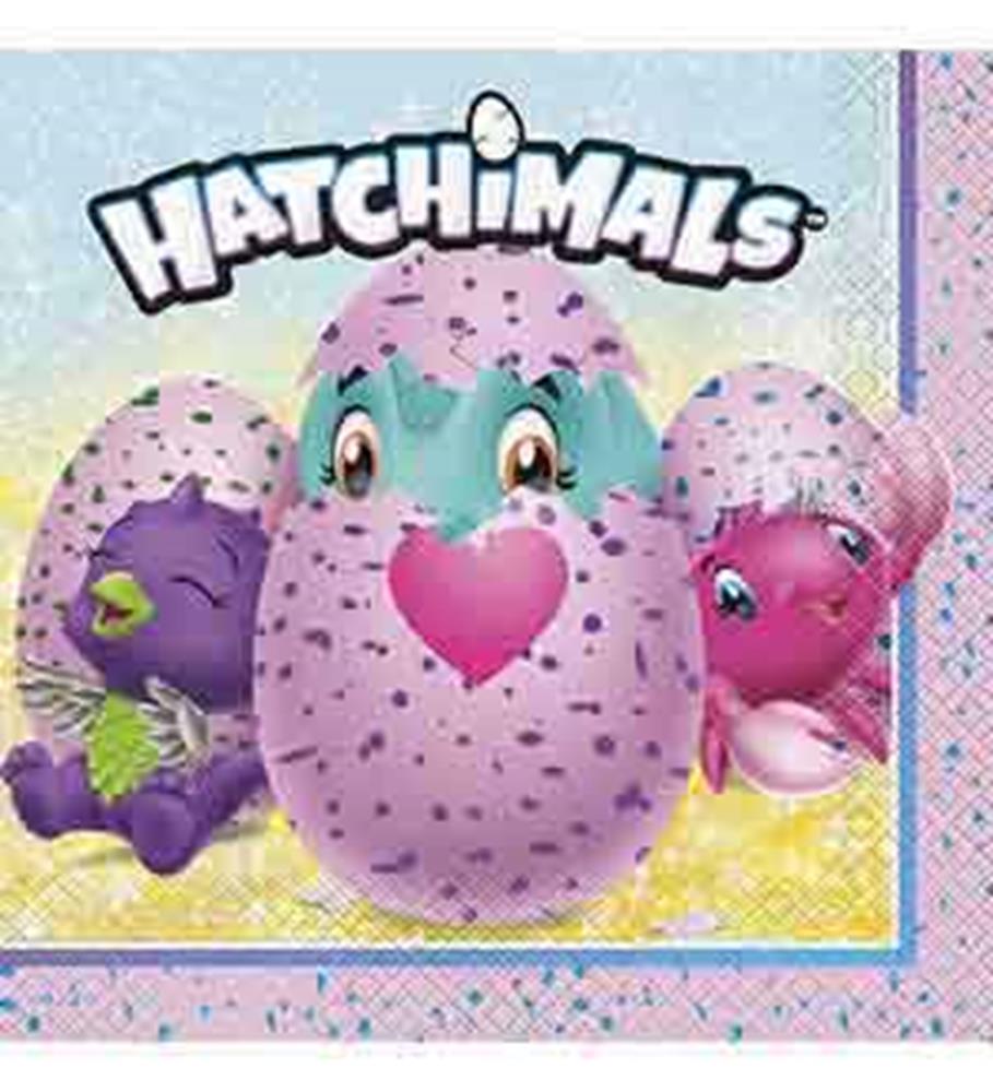 Colorful napkin featuring Hatchimals characters hatching from speckled purple eggs on a pastel background.