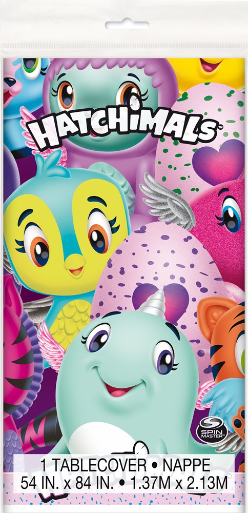 Colorful Hatchimals-themed tablecover with animated characters and logo, fits 54x84-inch tables.