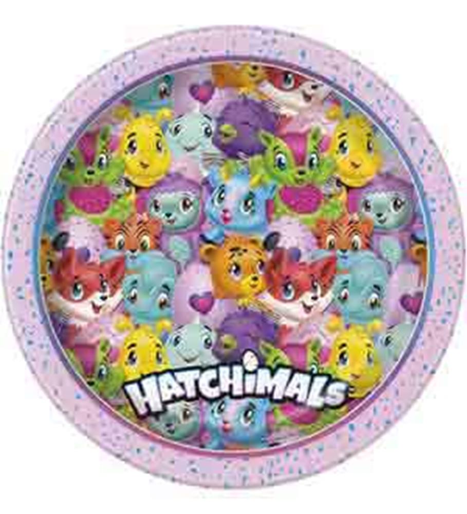 Round paper plate with colorful Hatchimals characters on a purple speckled border, whimsical design.