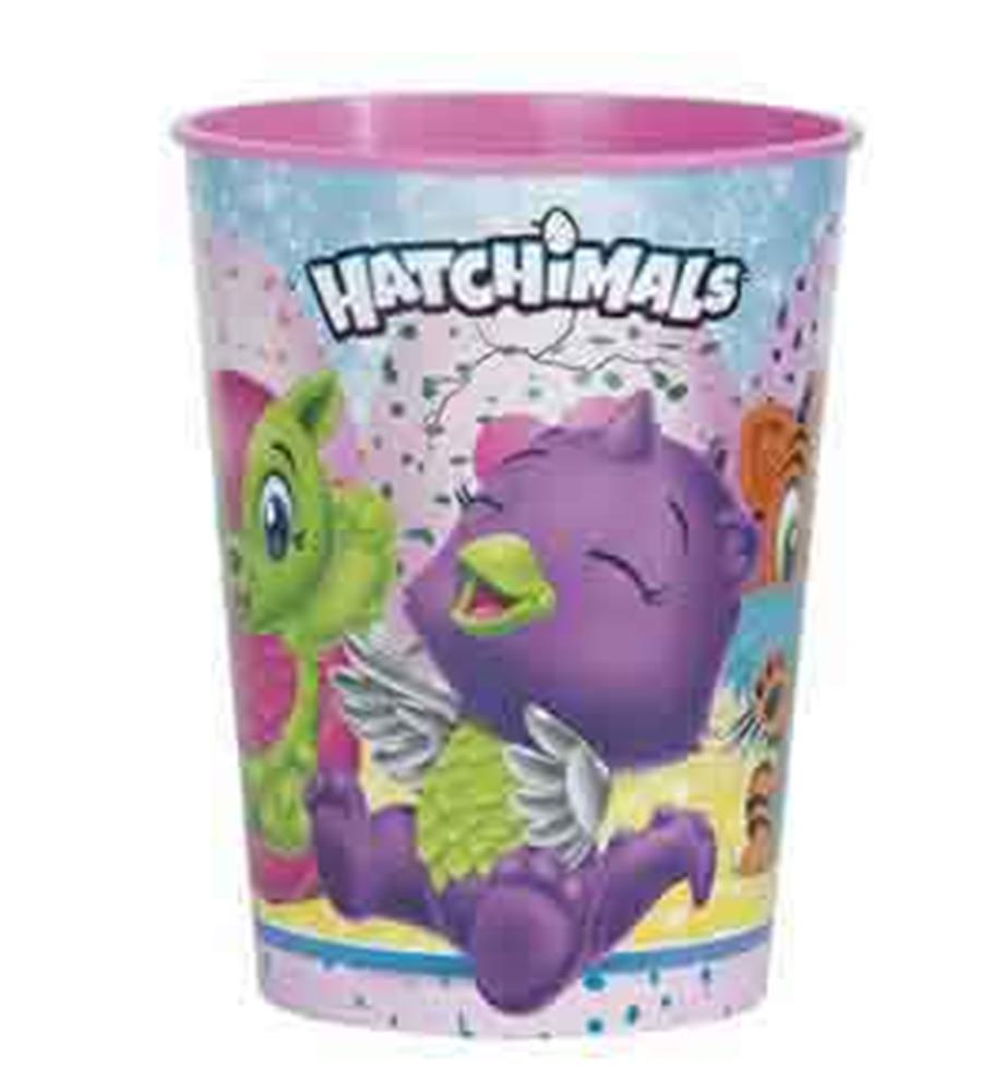 Colorful 16oz plastic cup with Hatchimals characters, pink interior, and playful confetti design.