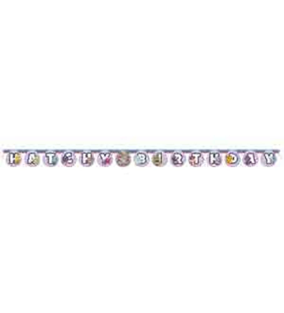 Colorful jointed birthday banner featuring Hatchimals characters and letters on purple ribbon.