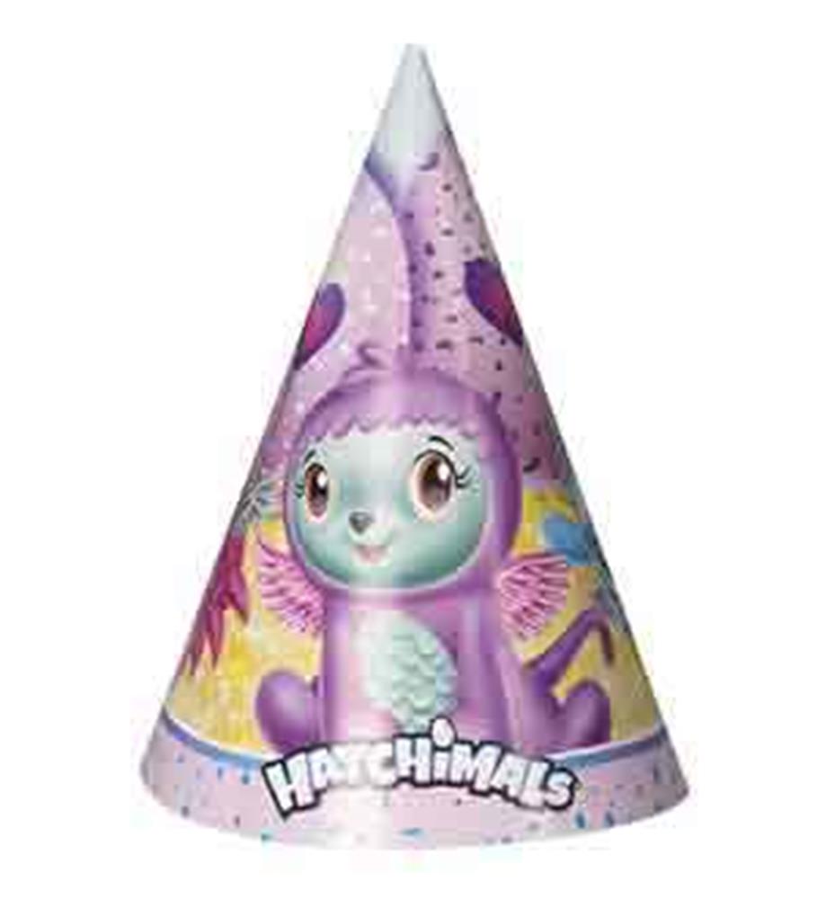 Purple cone-shaped party hat featuring a cute Hatchimals character with wings and hearts, printed on glossy paper.