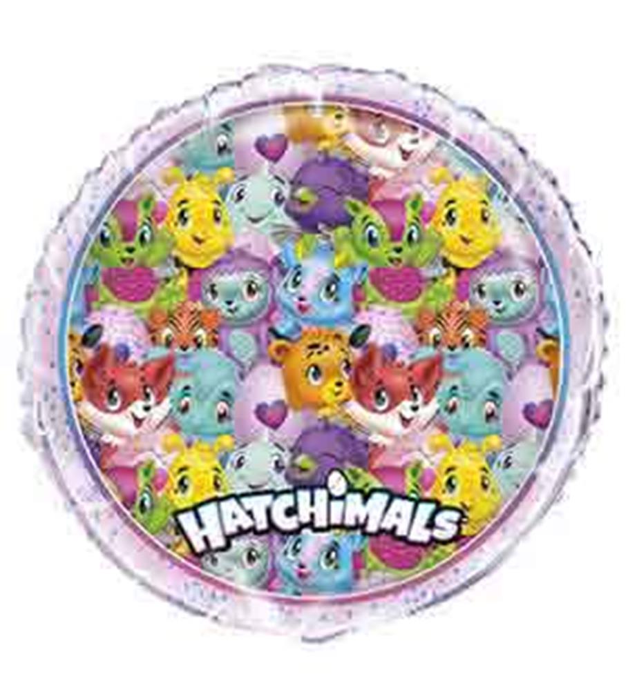 Round 18-inch foil balloon with colorful Hatchimals characters and purple border.