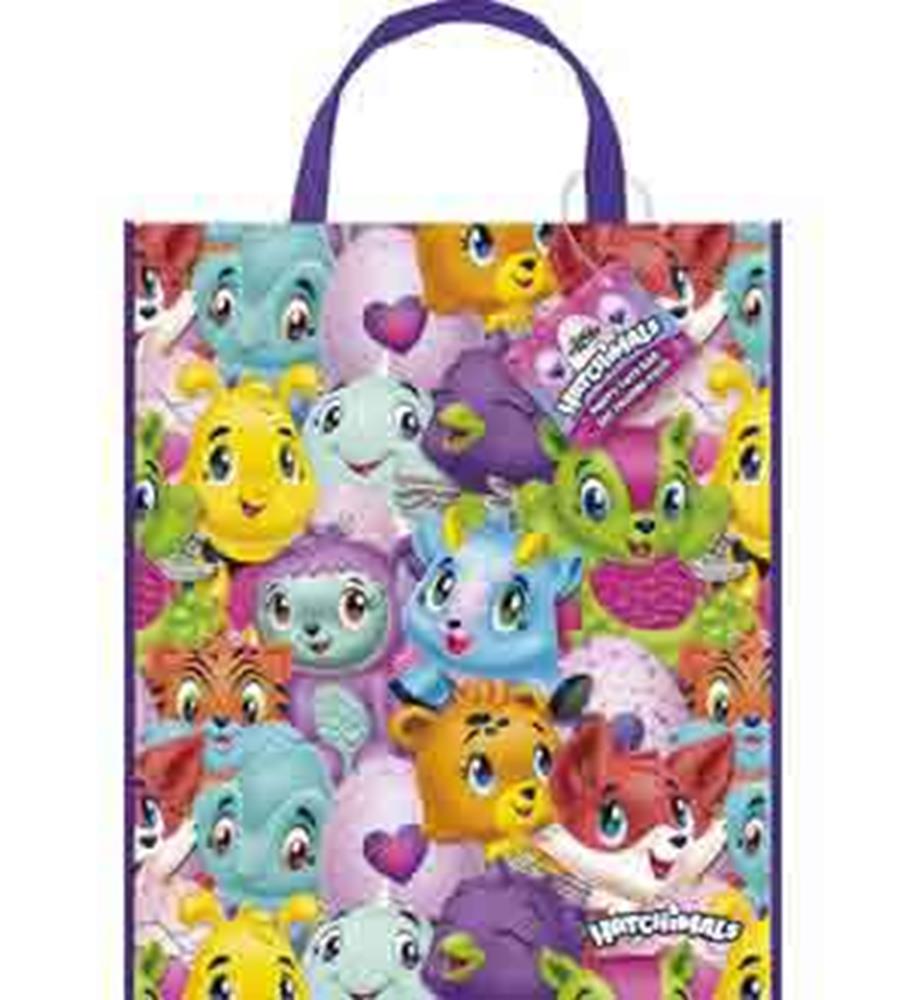 Colorful Hatchimals-themed tote bag with purple handles, featuring various Hatchimals characters on a bright background,.