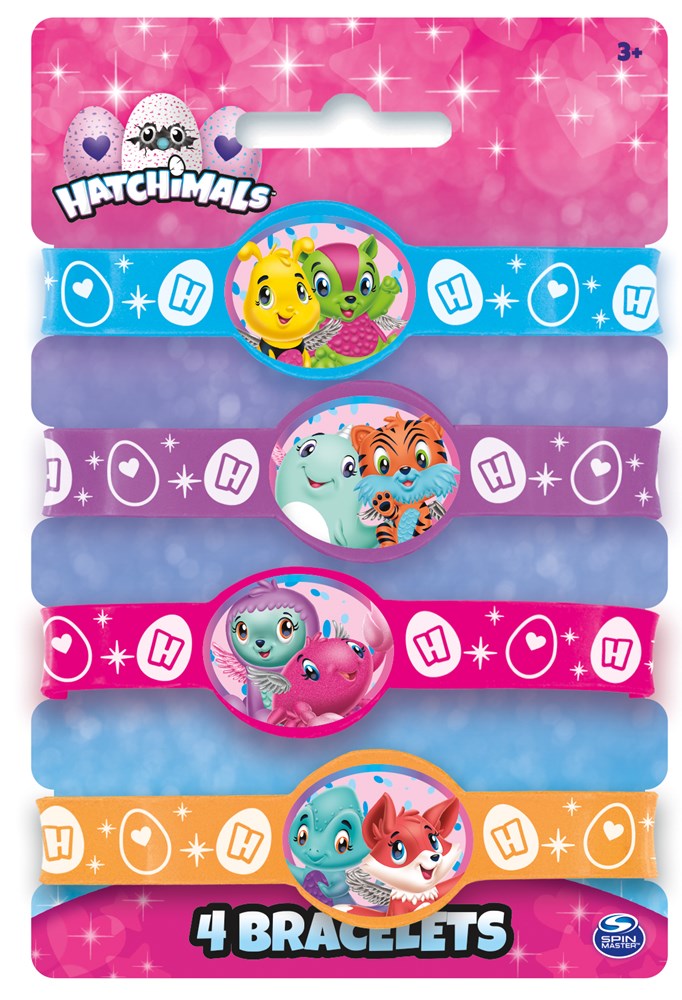 Set of four colorful silicone Hatchimals bracelets featuring character faces on round charms, with pink, purple, blue, and.