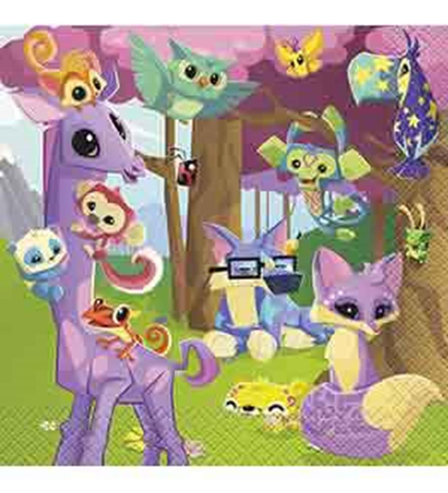 Colorful kids napkins featuring cute purple and pink animals with playful expressions on a lavender background.