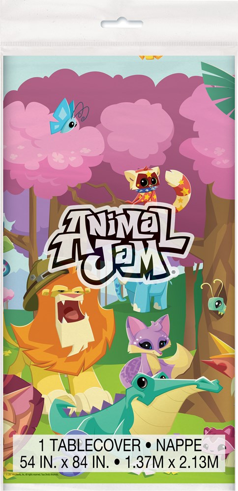 Brightly colored Animal Jam tablecover featuring cartoon jungle animals and logo on green and pink background.