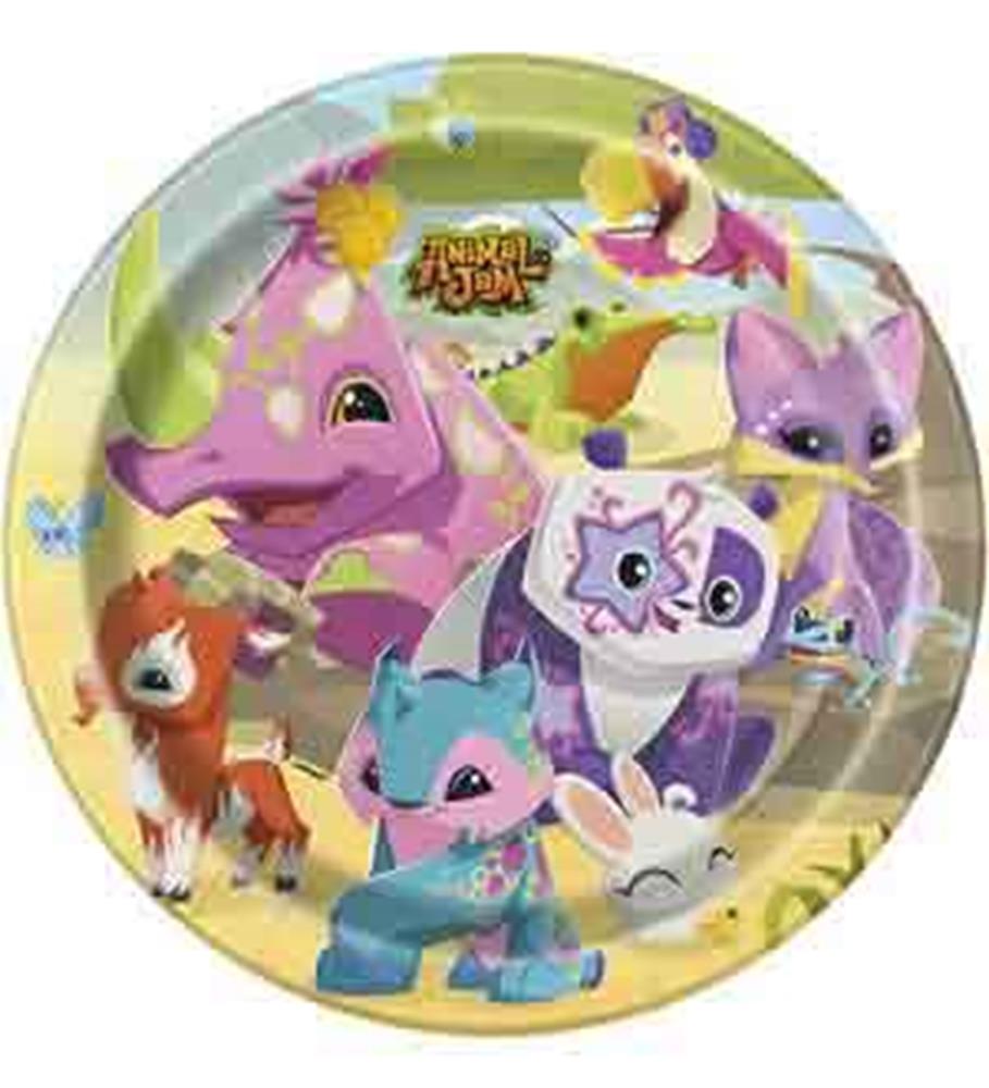 Round paper plate featuring colorful cartoon jungle animals including a pink elephant, purple fox, blue tiger, and brown.