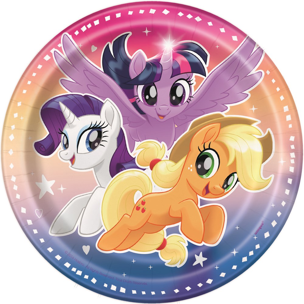 Round colorful plastic plate featuring three My Little Pony characters with a gradient pink to blue background and star.