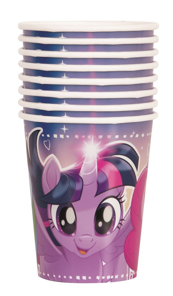 Stack of purple disposable cups featuring a smiling My Little Pony character with large eyes and a horn on a magical.