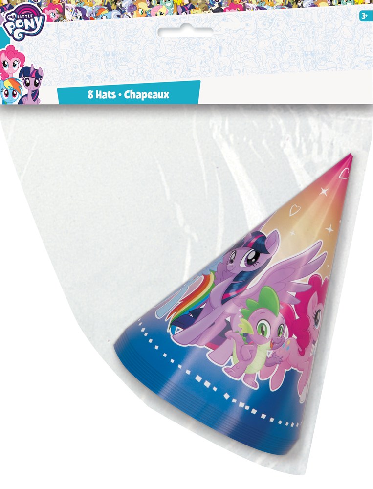 Cone-shaped party hat featuring colorful My Little Pony characters on a gradient pink to blue background.