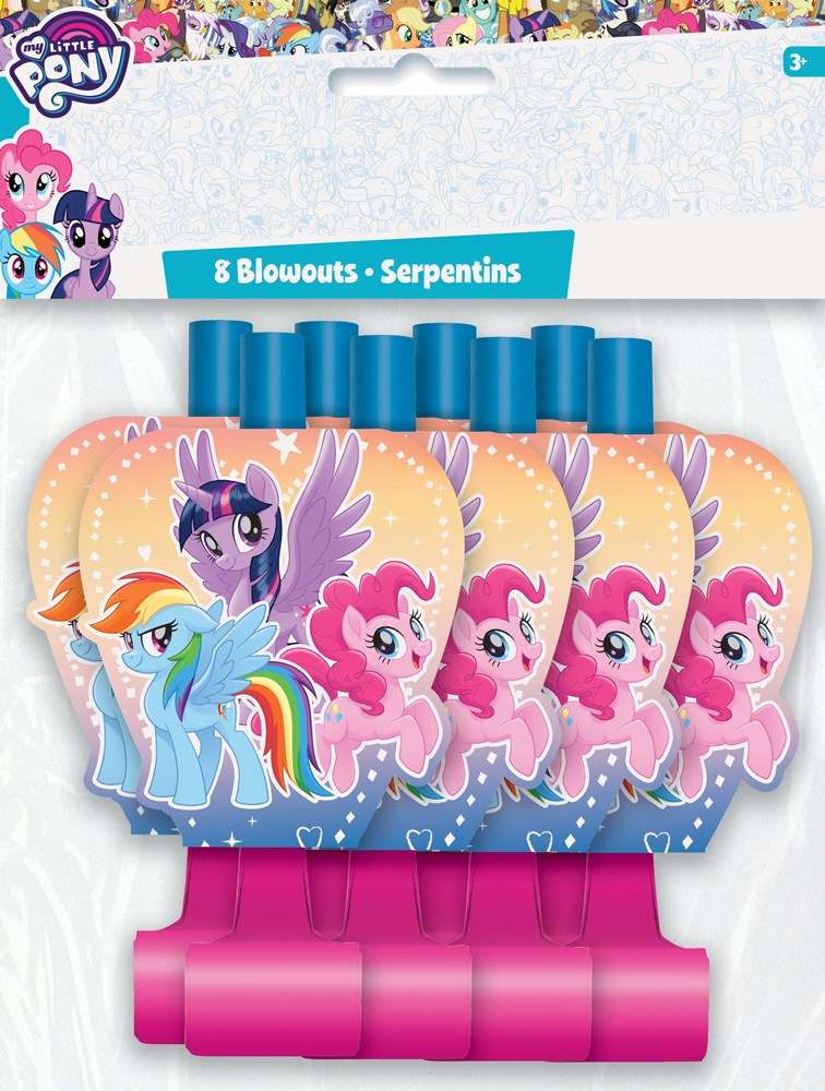 My Little Pony-themed party blowouts with colorful character cutouts and blue and pink plastic mouthpieces, pack of eight.