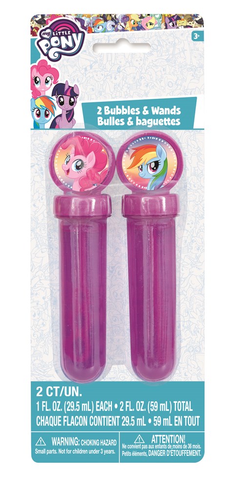Two pink My Little Pony bubble wands with character faces on round tops, packaged in plastic blister pack with colorful.