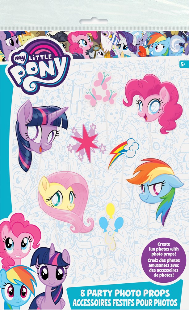 Set of eight colorful My Little Pony-themed photo booth props featuring characters’ faces and accessories on sticks, against
