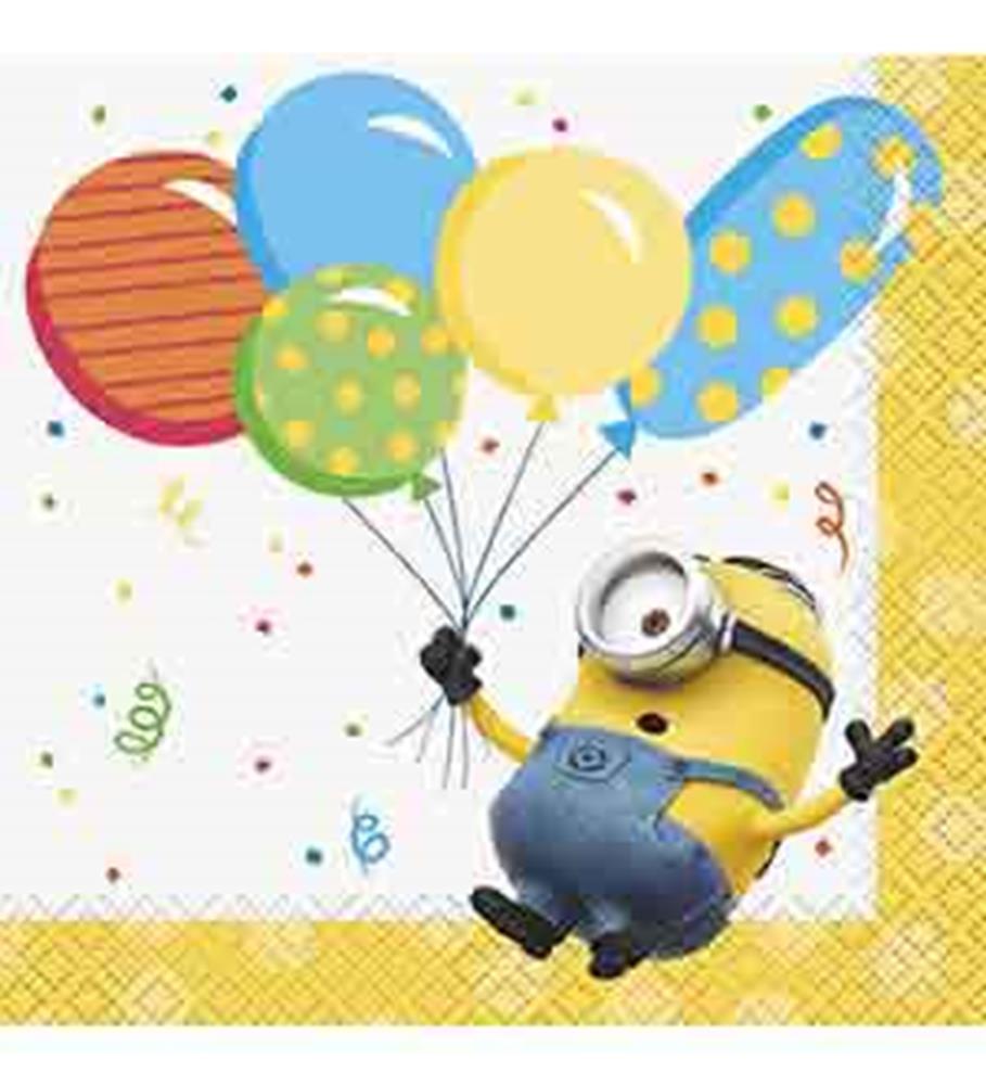 Square yellow napkin featuring a Minion in blue overalls holding colorful balloons and confetti decorations.