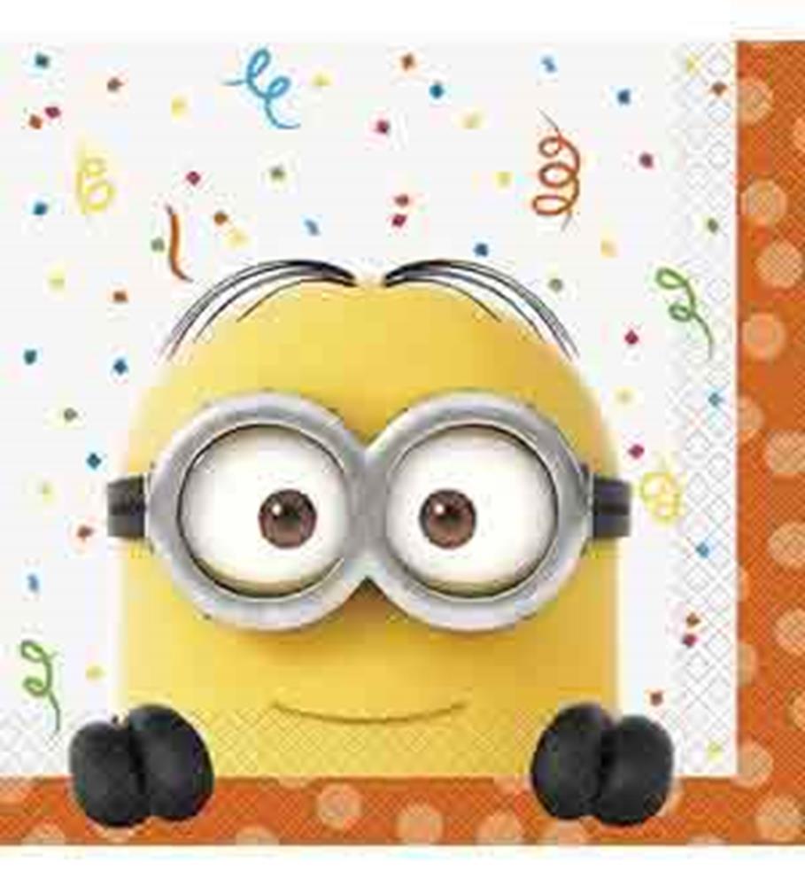Square paper napkin with a large yellow Minion face and orange polka dot border.