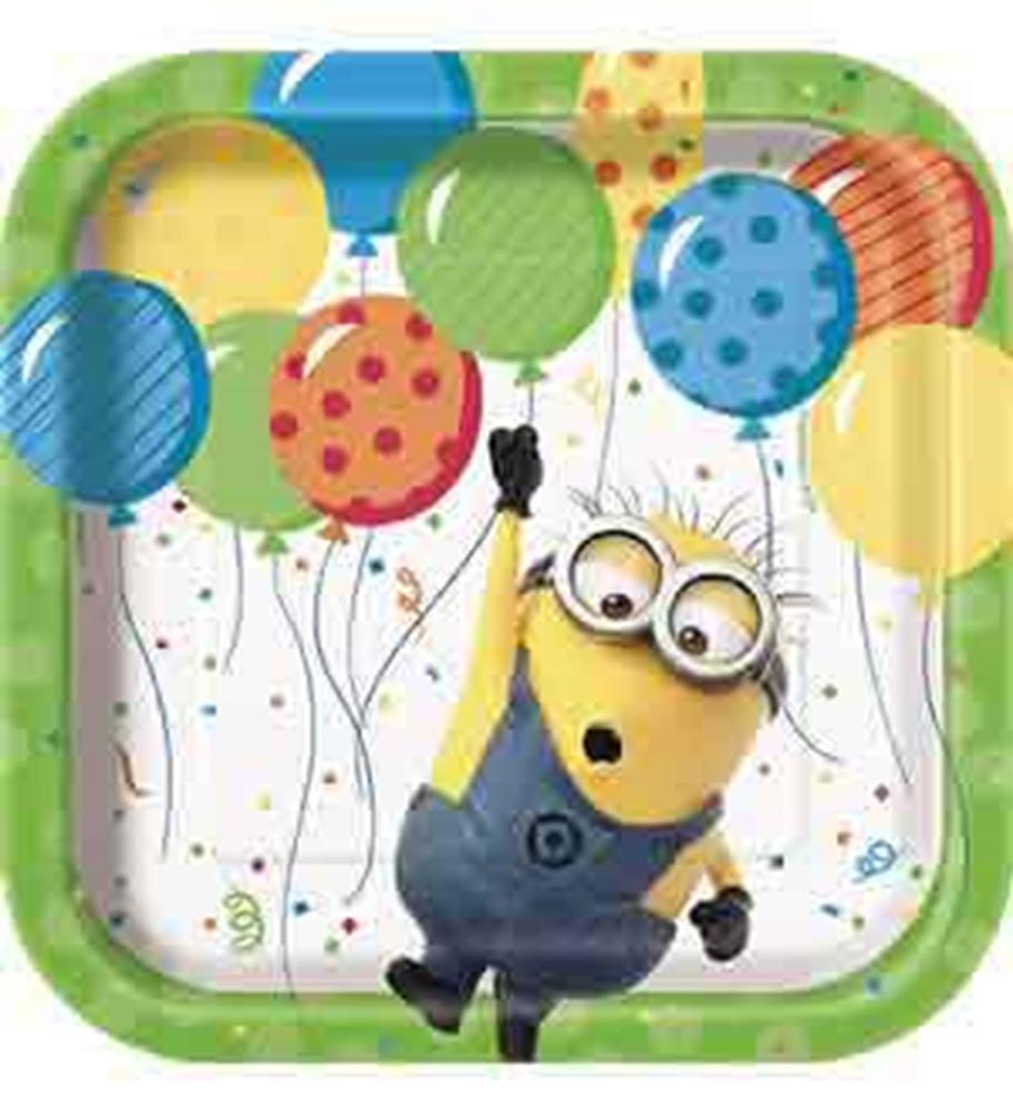 Square paper plate with green border featuring a surprised Minion holding colorful balloons on a white background with.