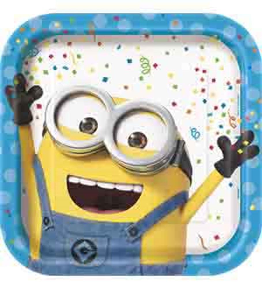 Square blue plastic plate with a cheerful yellow Minion wearing goggles and denim overalls, surrounded by colorful confetti.