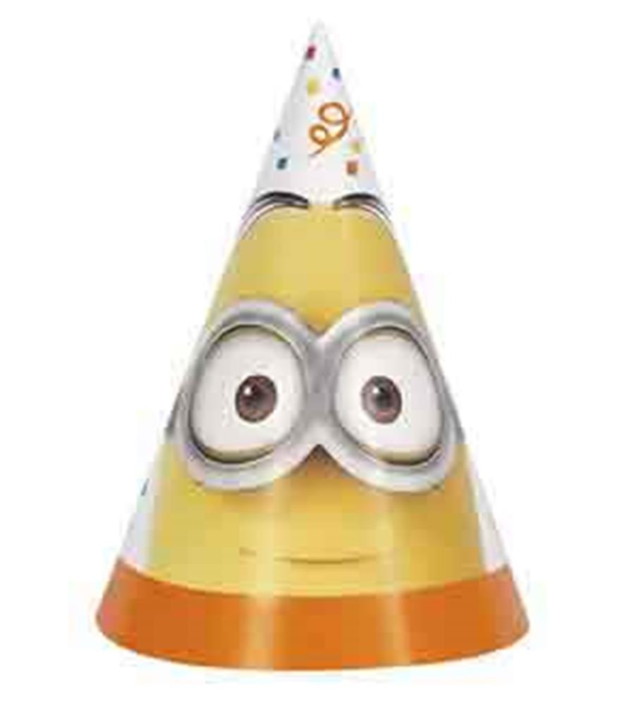 Yellow cone-shaped party hat featuring large Minion eyes and an orange base trim with colorful confetti spots.